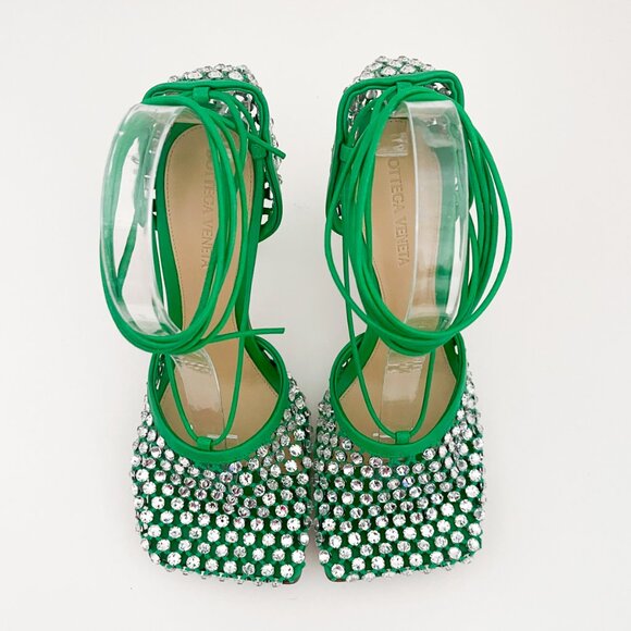 Bottega Veneta Sparkle Stretch Lace-Up Sandal Mesh Crystals Parakeet Green - Picture 6 of 16
